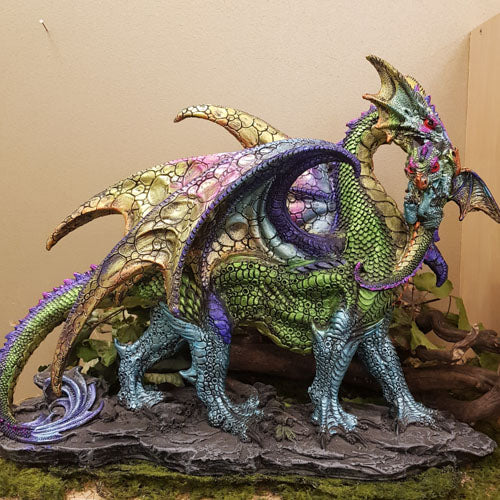 Multi Coloured Dragon Standing With Baby In Mouth (approx 33x48x21cm)