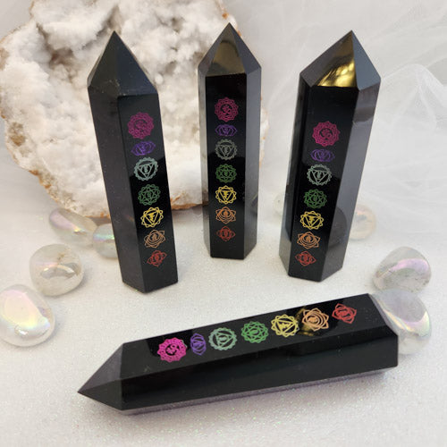 Black Obsidian Point with Chakra Symbols (assorted. approx. 9.5-10.2x2.5-3cm)