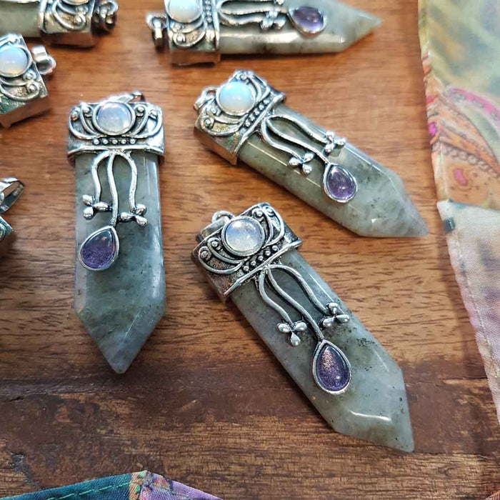 Labradorite Pendant with Amethyst & Opalite Cabochons (assorted. set in silver metal)