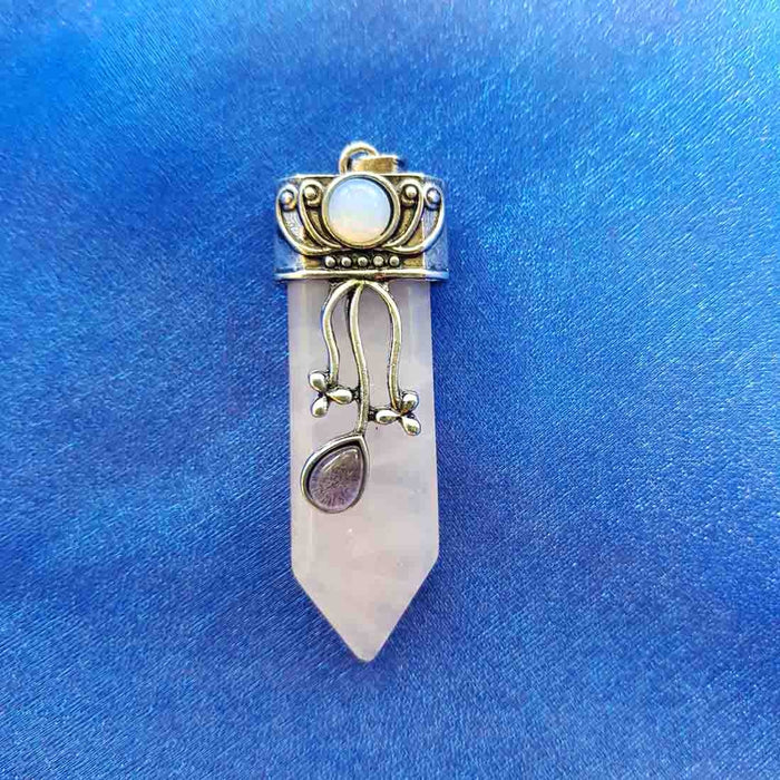 Rose Quartz Pendant with Amethyst & Opalite Cabochons (assorted. set in silver metal)