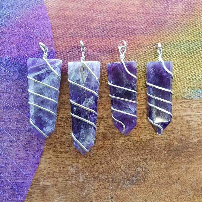 Amethyst Wired Tabular Pendant. (assorted. set in silver metal)