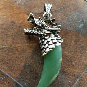 Green Aventurine Tusk Pendant set in Dragons Head (Zinc Alloy)