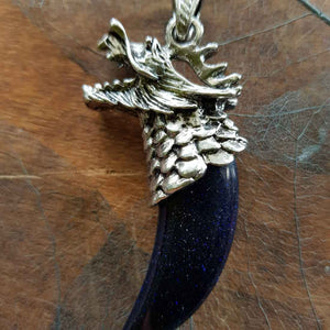 Blue Sandstone Tusk Pendant set in Dragons Head (Zinc Alloy)