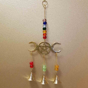 Triple Moon Hanging Bells with Chakra Beads (brass)