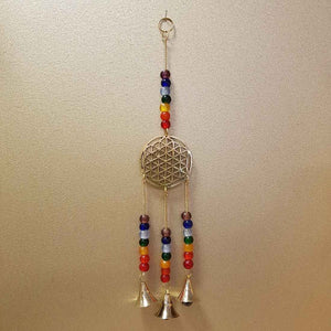 Flower of Life Hanging Bells with Chakra Beads (brass)