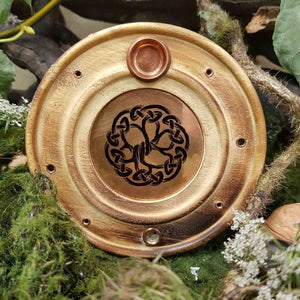 Tree of Life Round Copper & Wood Incense Holder