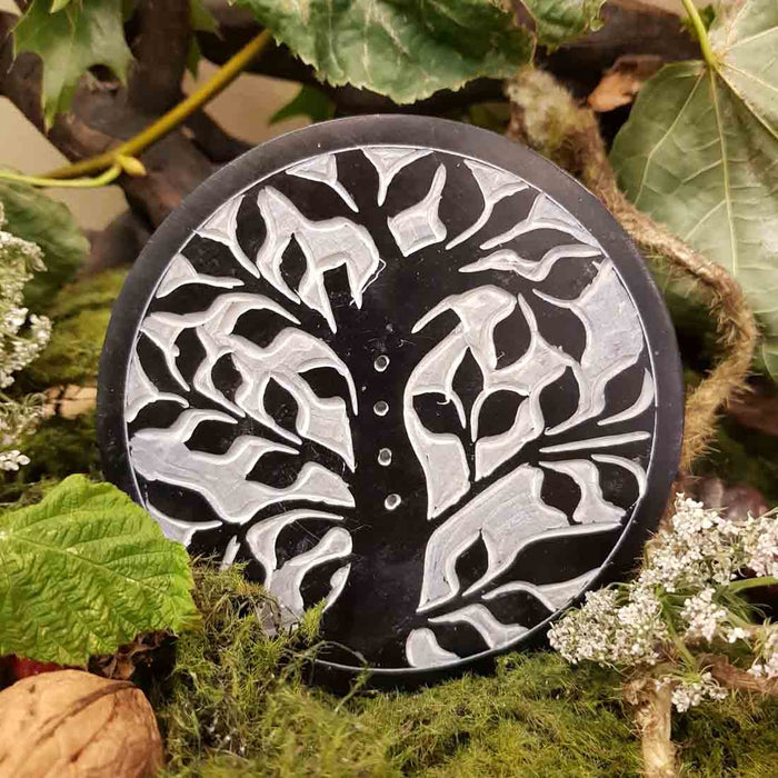 Round Tree of Life Black Soapstone Incense Holder (10cm)