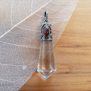 Quartz Faceted Point Pendant with Tourmaline in Silver Cap
