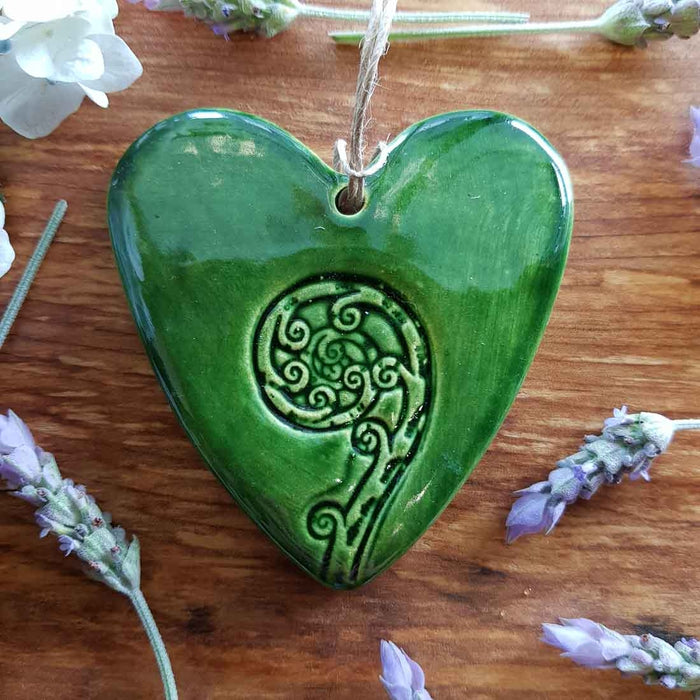 Koru Heart (ceramic. handcrafted in Aotearoa New Zealand. assorted colours. approx. 8.3 x 8 cm)
