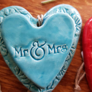 Mr & Mrs Embossed Ceramic Heart in Box (assorted colours approx. 8.5 x 7.5cm)