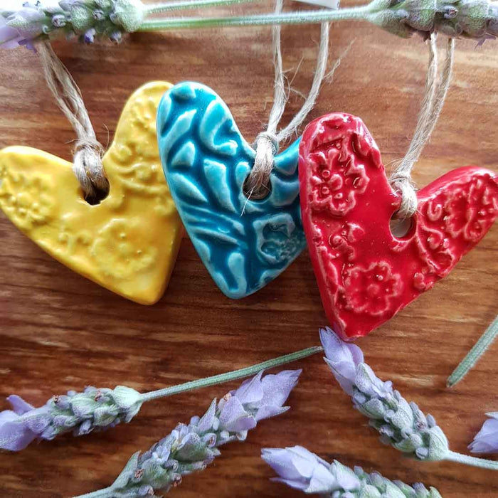 Embossed Ceramic Heart. (assorted colours approx. 4 x 4cm)