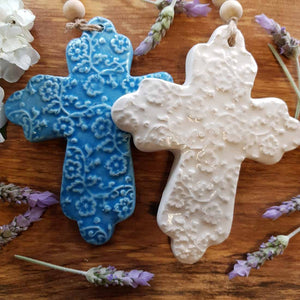 Embossed Ceramic Cross (assorted colours approx. 12.5 x 10.5cm)