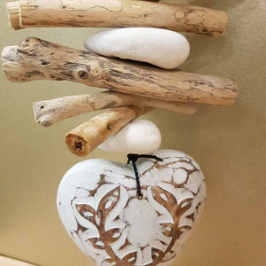 Whitewash Heart with Driftwood Hanging (approx. 38x13cm)