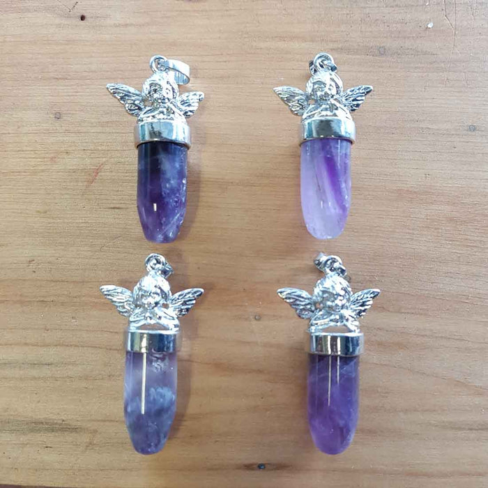 Amethyst Bullet Pendant with Angel Cap. (assorted. set in white metal)