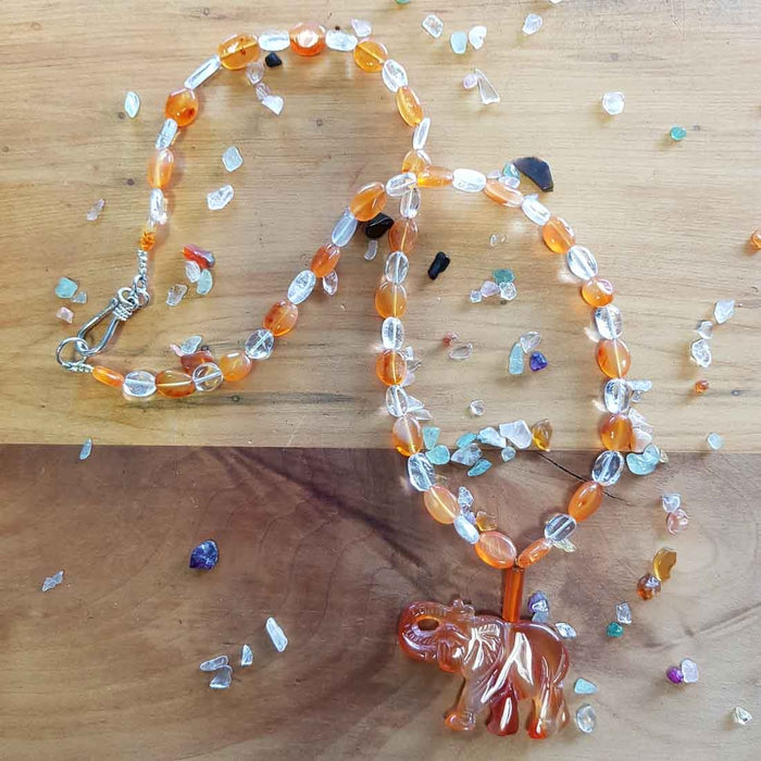 Carnelian Elephant & Clear Quartz Necklace