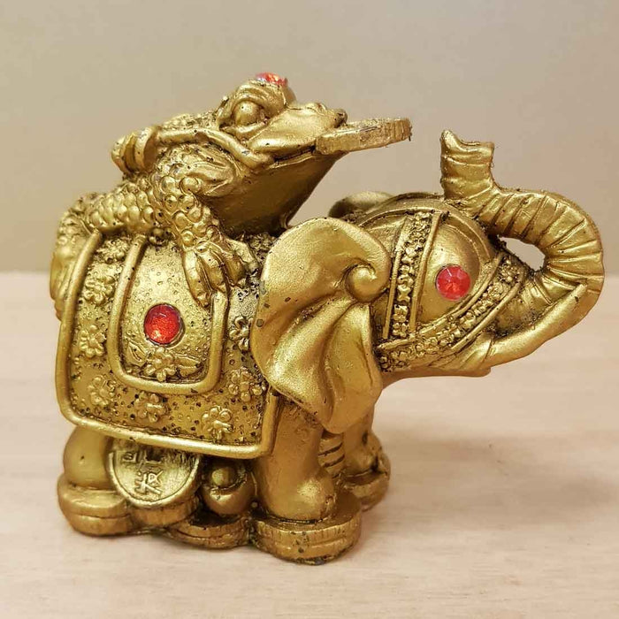 Gold Feng Shui Elephant with Frog (approx. 9 x 7.5cm)