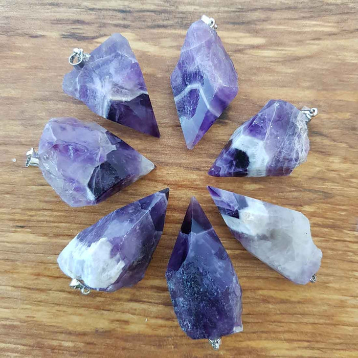 Chevron Amethyst Partially Polished Point Pendant. (assorted. silver metal bale)
