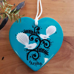 Piwakawaka (Fantail) Blue Aroha Hanging Heart (approx. 15x15cm)