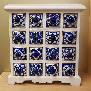 Blue & White Ceramic & Wooden Drawers (16 drawers approx. 33x31x10cm)
