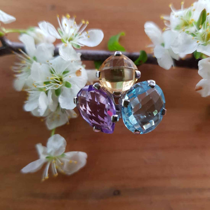 Amethyst Citrine Blue Topaz Ring (sterling silver tiny flaw priced accordingly)
