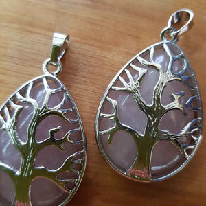 Rose Quartz & White Metal Tear Drop Tree of Life Pendant (man-made)