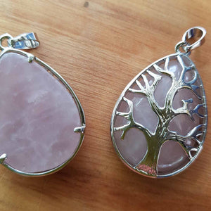 Rose Quartz & White Metal Tear Drop Tree of Life Pendant (man-made)