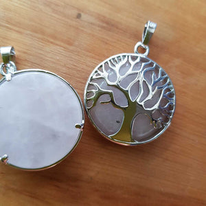 Rose Quartz & White Metal Round Tree of Life Pendant (man-made)