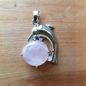 Rose Quartz & White Metal Dolphin Pendant