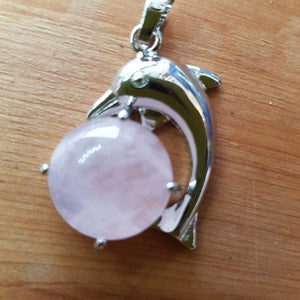 Rose Quartz & White Metal Dolphin Pendant (assorted silver metal)