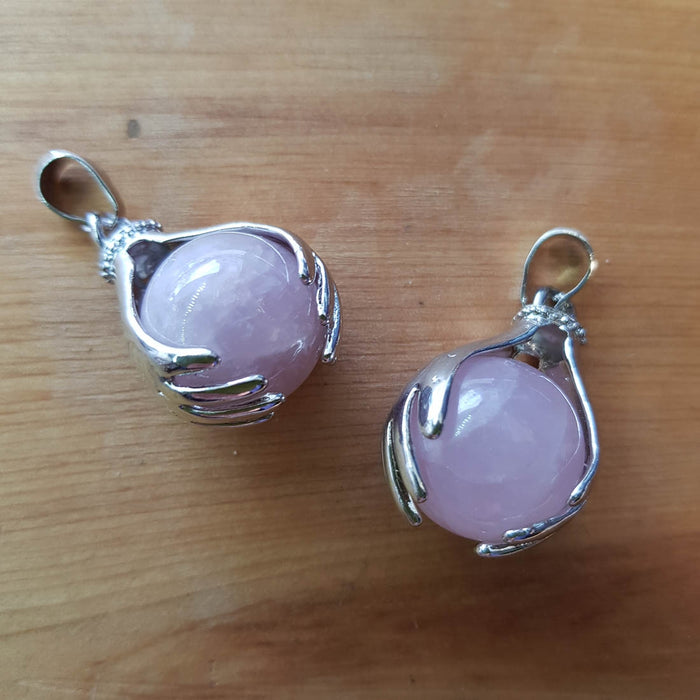 Rose Quartz Sphere in Hands Pendant (assorted silver metal)