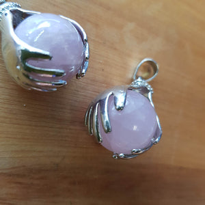 Rose Quartz Sphere in Hands Pendant (assorted silver metal)