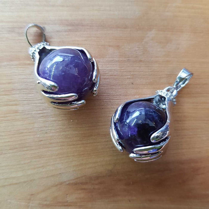 Amethyst Sphere in Hands Pendant (assorted silver metal)