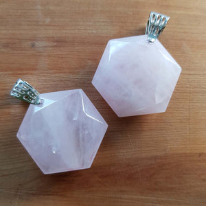 Rose Quartz Hexagonal Pendant (white metal)