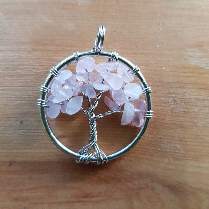 Rose Quartz Tree of Life Pendant (assorted approx. 3cm diameter silver metal)