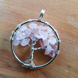 Rose Quartz Tree of Life Pendant (assorted approx. 3cm diameter silver metal)