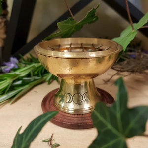 Brass Triple Moon Charcoal Burner with Coaster (approx. 6x6cm)