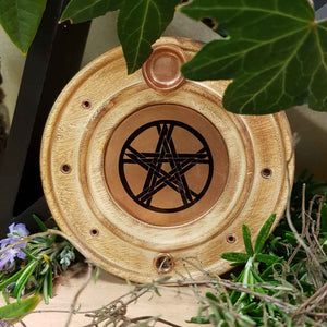 Pentacle Round Copper & Wood Incense Holder (approx. 10x1cm)