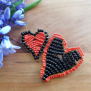 Black & Red Beaded Hearts Handcrafted by Freya (approx. 6.5x8.5cm)