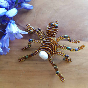 Gold White Tail Beaded Spider Handcrafted by Freya (approx. 7x6cm)