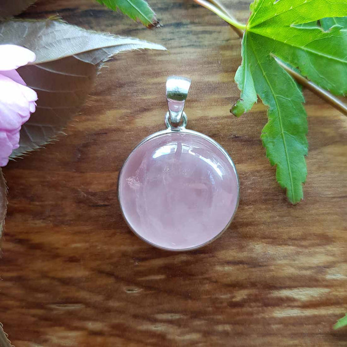 Rose Quartz Round Pendant set in Sterling Silver