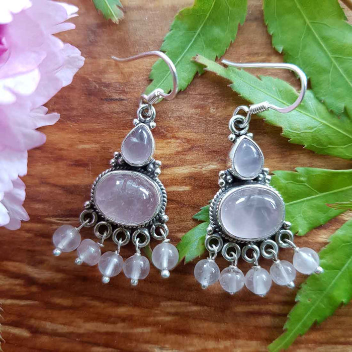 Rose Quartz Dangly Earrings set in Sterling Silver