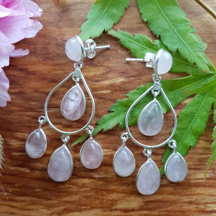 Rose Quartz Dangly Earrings set in Sterling Silver