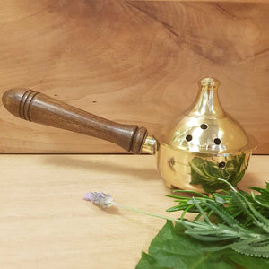 Brass Incense & Resin Burner with Wooden Handle (approx. 19x7cm)