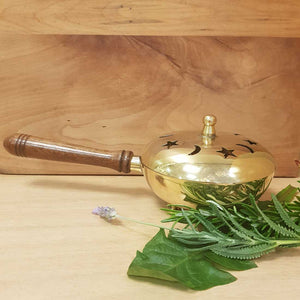 Brass Star & Moon Incense & Resin Burner with Wooden Handle (approx. 23x11cm)