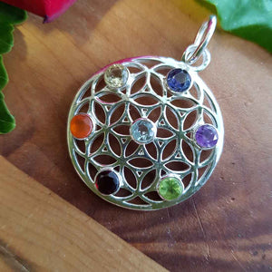 Chakra Round Gem Stone Pendant in Sterling Silver