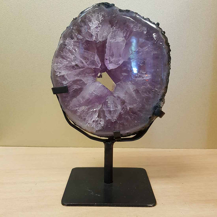 Amethyst Slab in Black Metal Stand (approx. 16x18x3.5cm. height including stand approx. 25cm)