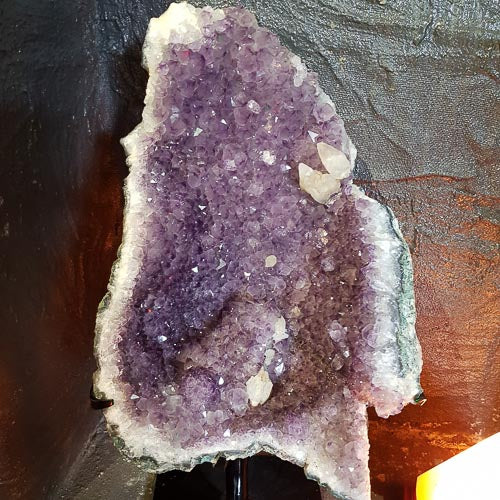 Amethyst Geode on Black Metal Stand. (approx. 34x23x18cm. height including stand approx. 48cm)
