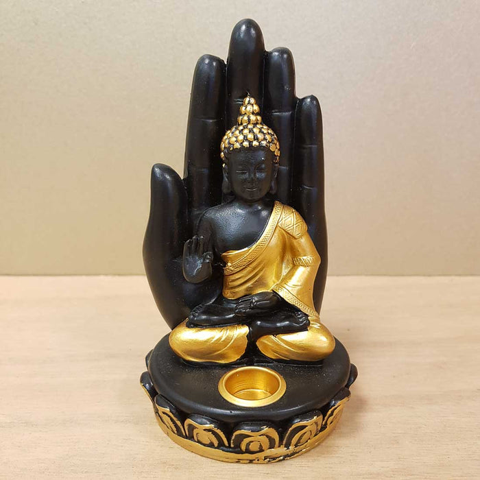 Black & Gold Buddha in Hand Incense Holder (approx. 13x8x8cm)