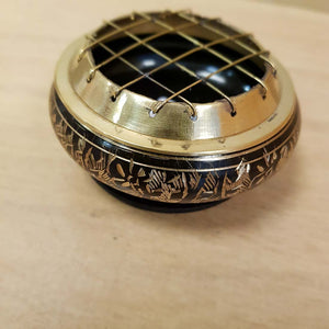 Black Engraved Brass Incense & Resin Burner with Coaster (7.5x7.5cm)