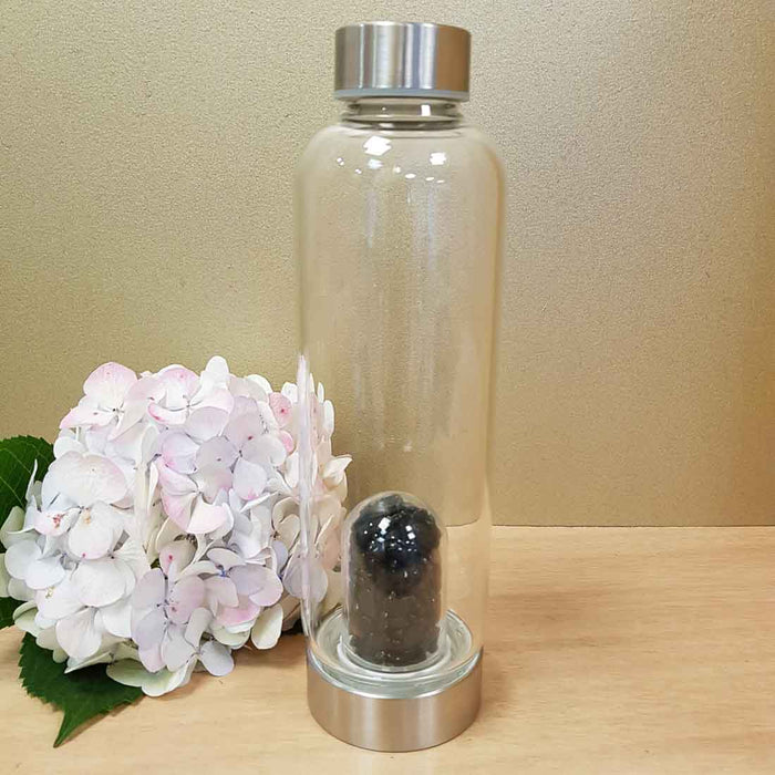 Black Obsidian Crystal Chip Energy Water Bottle (assorted approx. 500ml capacity Domed Chamber with Neoprene Sleeve)